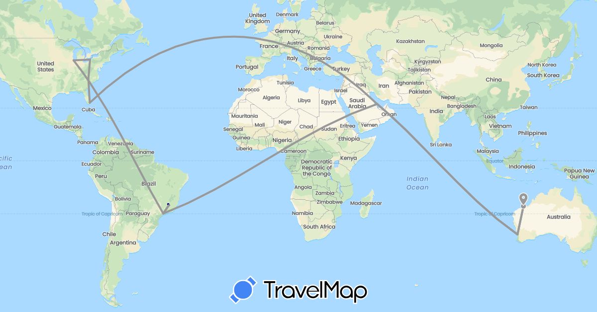 TravelMap itinerary: driving, plane in Australia, Brazil, Qatar, United States (Asia, North America, Oceania, South America)
